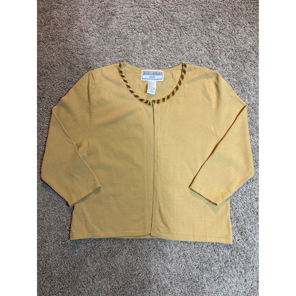 Vintage Jessica Howard beaded Neckline Open Front Cardigan Mustard Tan 12P